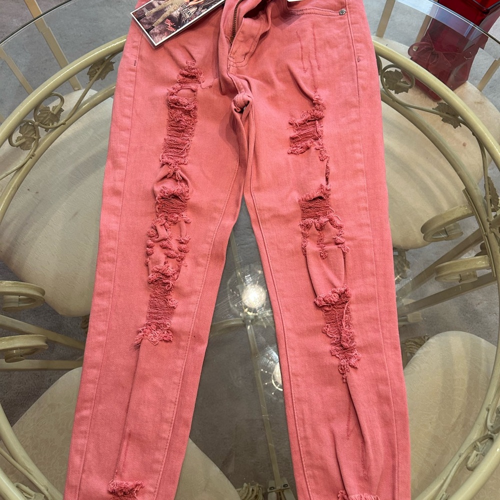 VIP Coral Distressed Skinny Jeans